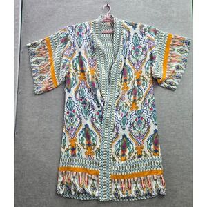 Christian Siriano Women Top Large Green‎ Geometric Kimono Open Front 3/4 Sleeve